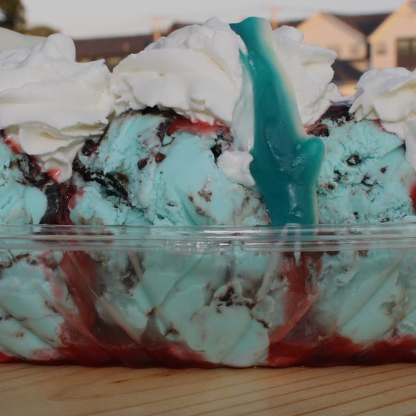 Blue ice cream sundae with chocolate chunks, red syrup, whipped cream, and a blue gummy shark.