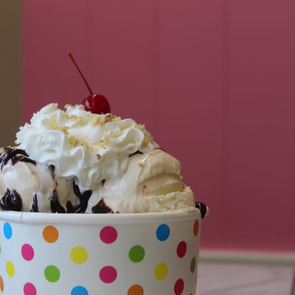 Ice cream sundae with chocolate, whipped cream, nuts, and a cherry in a polka dot cup.