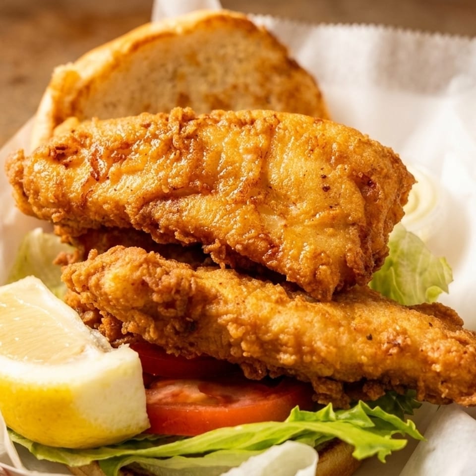 Golden-fried fish sandwich with lettuce, tomato, and a lemon wedge in a paper tray.