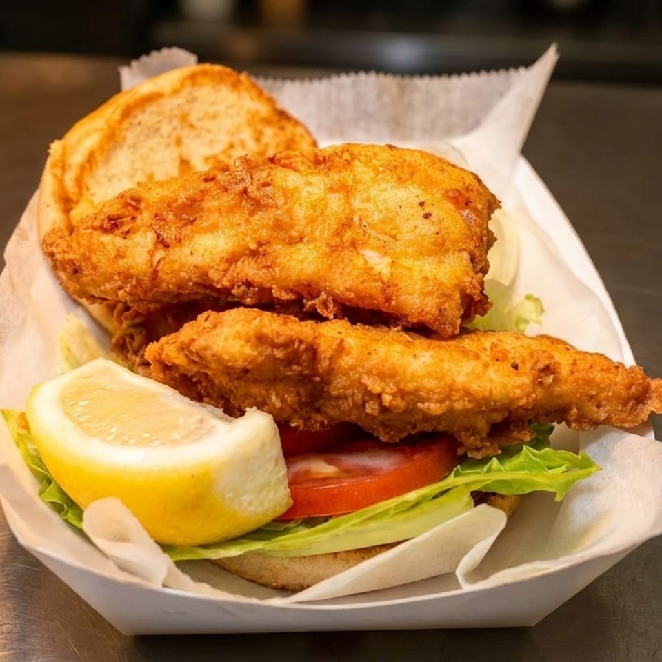 Crispy fried fish sandwich with lettuce, tomato, and a lemon wedge in a paper tray.