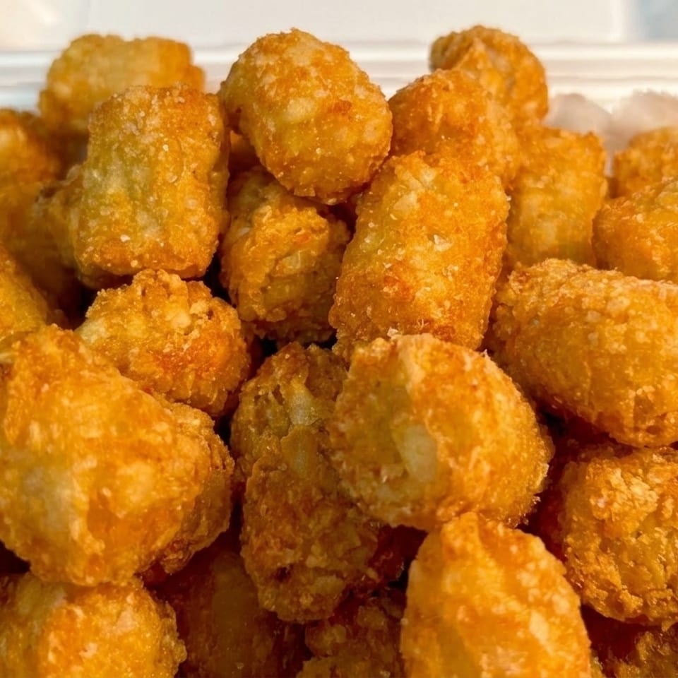 Close-up of golden-brown crispy tater tots piled high in a white takeout container.