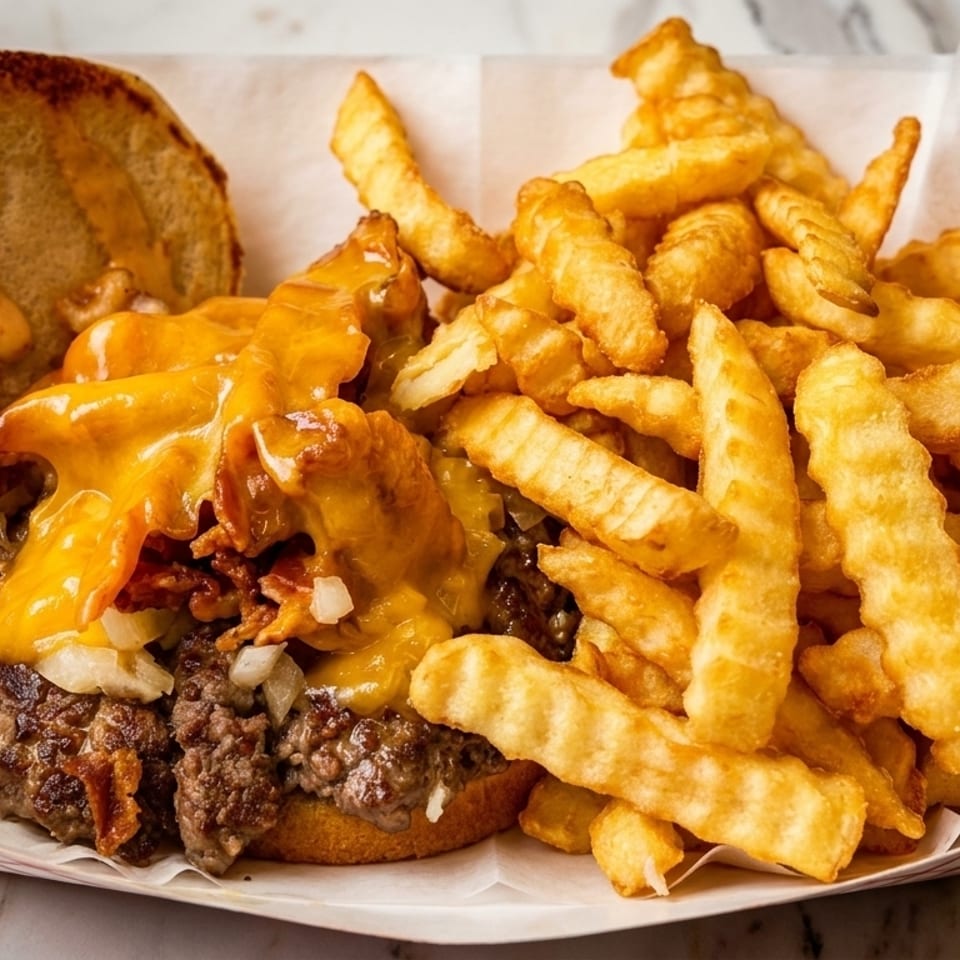 Cheeseburger with melted cheese, bacon, and onions, served with a side of crinkle-cut fries.