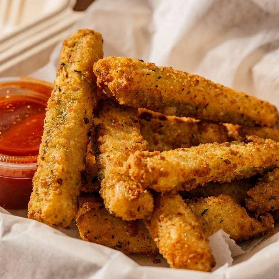 Crispy fried zucchini sticks with herbs and a side of marinara sauce in a takeout container.